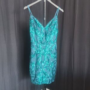 LAVETIR Formal Dress Blue Turquoise Pleated High-Low Flutter Sleeve Size 4
